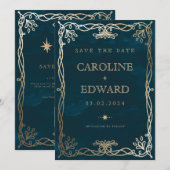 Save The Date Mariage Médiéval Indigo Ivy Or  (Devant / Derrière)