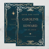 Save The Date Mariage médiéval indigo or lierre  (Devant / Derrière)
