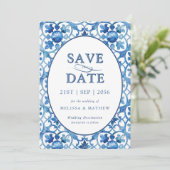 Save The Date Mariage méditerranéen bleu moderne (Debout devant)
