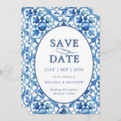 Save The Date Mariage méditerranéen bleu moderne (Devant / Derrière)