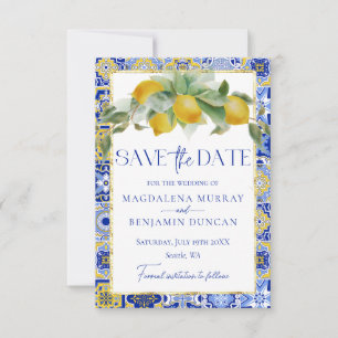 Save The Date Mariage méditerranéen italien carrelage bleu citro