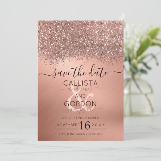 Save The Date Mariage métallisé confetti pailleté or rose de lux (Debout devant)