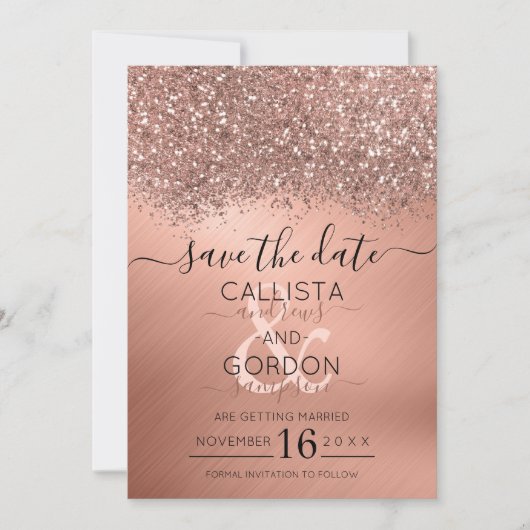 Save The Date Mariage métallisé confetti pailleté or rose luxueu (Devant)