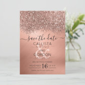 Save The Date Mariage métallisé confetti pailleté or rose luxueu (Debout devant)