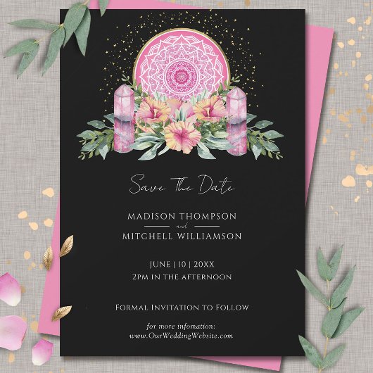 Save The Date Mariage métaphysique rose floral Mandala Crystals