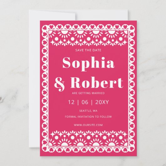 Save The Date Mariage mexicain Fiesta Pink Papel Picado Boho (Devant)