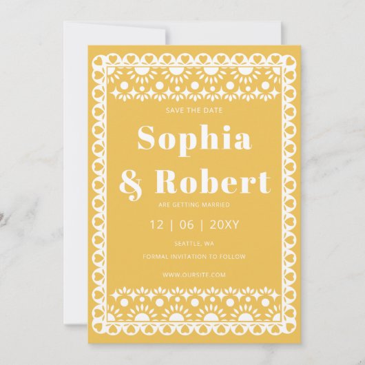 Save The Date Mariage mexicain Fiesta Yellow Papel Picado Boho (Devant)