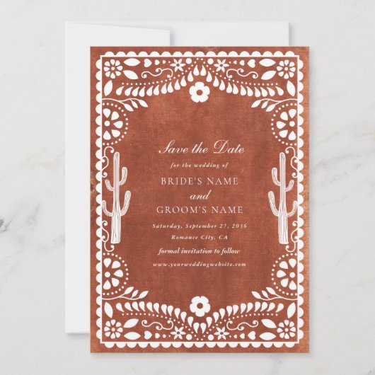 Save The Date Mariage mexicain Papel Picado Terracotta Brun (Devant)