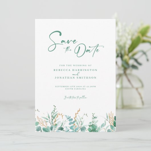Save The Date Mariage minimal Eucalyptus Or Enregistrer La Date (Debout devant)