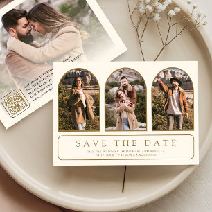Save The Date Mariage minimaliste à arche en or crème avec code