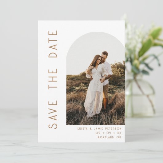 Save The Date Mariage minimaliste avec code QR de photo d'arche (Debout devant)