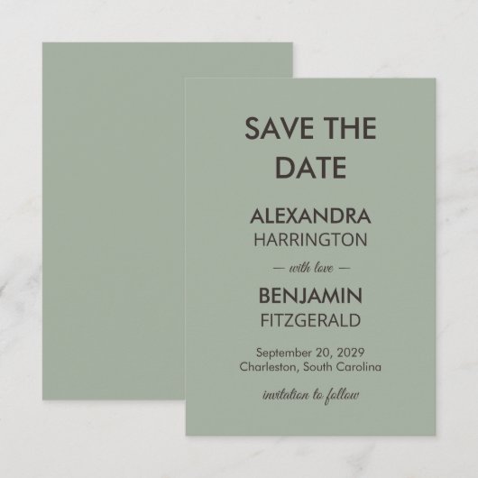Save The Date Mariage Minimaliste Moderne | Vert Sauge Intempore (Devant / Derrière)
