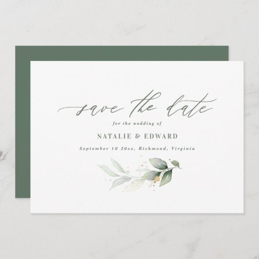 Save The Date Mariage minimaliste vert eucalyptus or (Devant / Derrière)
