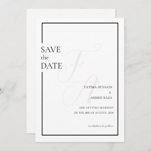 Save The Date Mariage minimum noir initial musulman Enregistrer  (Devant / Derrière)