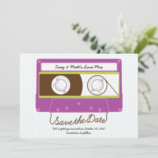 Save The Date Mariage Mixtape Indie Rétro (violet/chaux) (Debout devant)