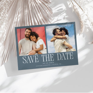 Save The Date Mariage Moderne 2-Photos Bleu Ardoise