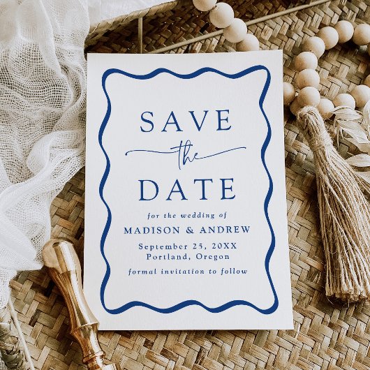 Save The Date Mariage moderne à cadre bleu vague