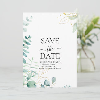 Save The Date mariage moderne à la verdure d'eucalyptus