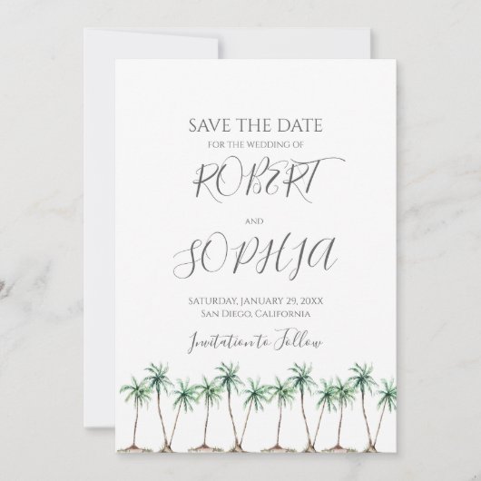 Save The Date Mariage Moderne à l'Aquarelle avec Palmier (Devant)