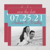 Save The Date Mariage Moderne Aqua Bleu Rouge Photo Enregistrer  (Devant / Derrière)
