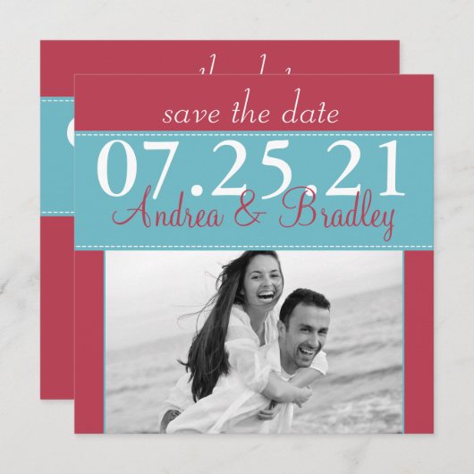 Save The Date Mariage Moderne Aqua Bleu Rouge Photo Enregistrer  (Devant / Derrière)
