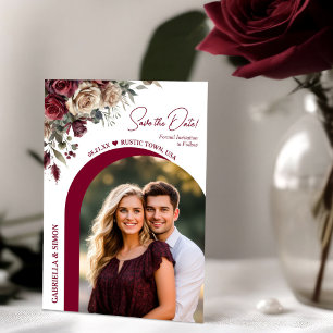 Save The Date Mariage Moderne Arch Bourdon & Crème Roses & Photo
