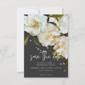 Save The Date Mariage Moderne avec Gardenias Blancs sur Fond Noi (Devant)