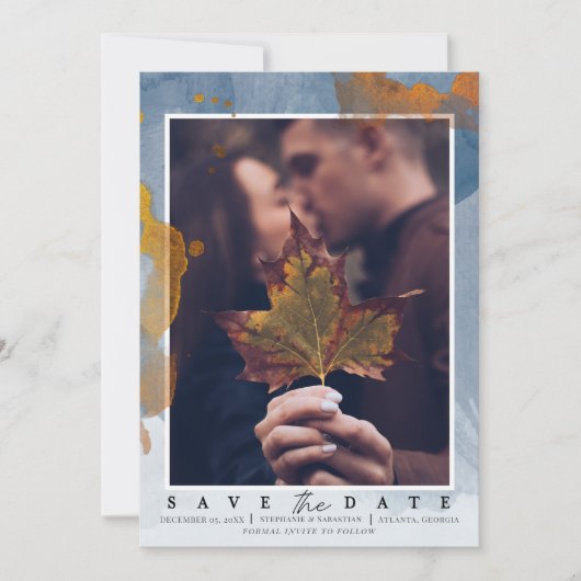 Save The Date Mariage moderne avec photo bleu poussiéreux Save t (Devant)
