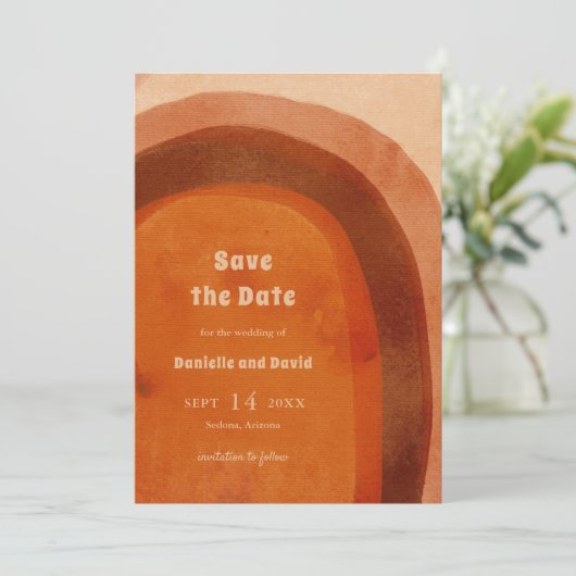 Save The Date Mariage Moderne avec une Arche Rustique Orange Brû (Debout devant)