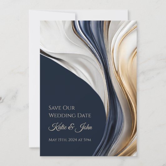 Save The Date Mariage moderne -Bleu photo blanc et or- (Devant)