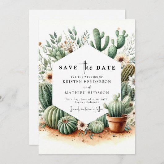 Save The Date Mariage moderne Boho Cactus (Devant / Derrière)