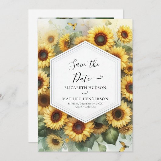 Save The Date Mariage moderne chic de tournesol (Devant / Derrière)