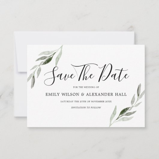 Save The Date Mariage Moderne de Feuille Verte Aquarelle (Devant)