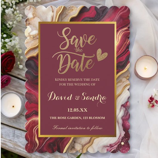 Save The Date Mariage Moderne de Marbre d'Agate Bourguignon Doré