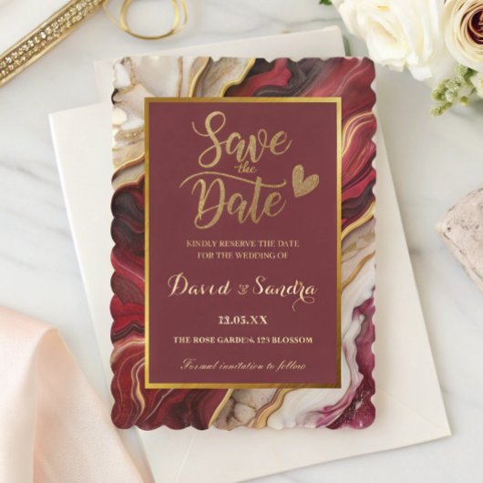Save The Date Mariage Moderne de Marbre de Bourgogne Chic Or
