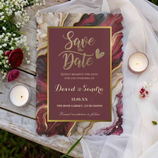 Save The Date Mariage Moderne de Marbre de Bourgogne Chic Or