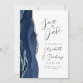 Save The Date Mariage Moderne Écriture Agate Bleu Nuit Argent (Devant)