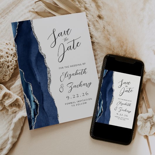 Save The Date Mariage Moderne Écriture Agate Bleu Nuit Argent