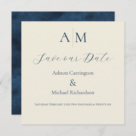 Save The Date Mariage moderne écru et bleu monogramme  (Devant / Derrière)