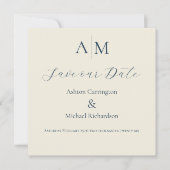 Save The Date Mariage moderne écru et bleu monogramme  (Devant)