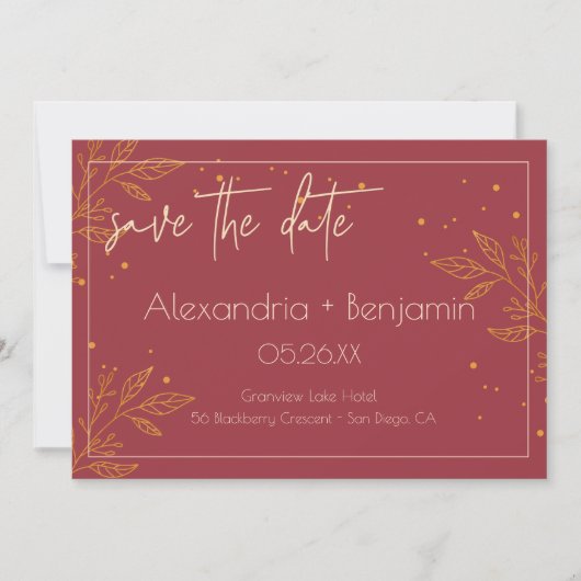 Save The Date Mariage Moderne Élégant Bourgogne & Or (Devant)