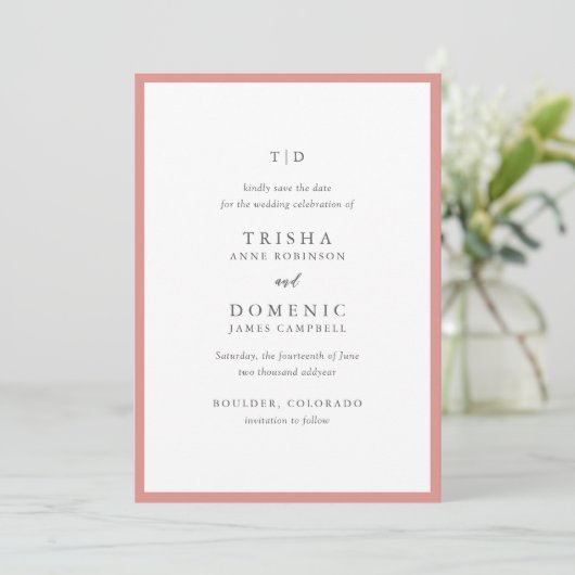Save The Date Mariage Moderne Élégant Monogramme Rose Corail (Debout devant)