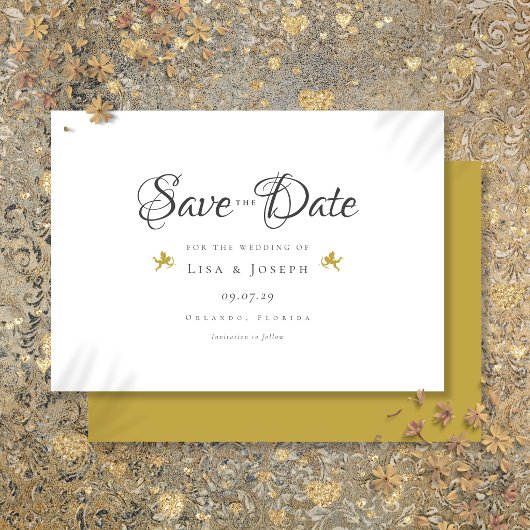 Save The Date Mariage Moderne Élégant Script Cupidons Dorés