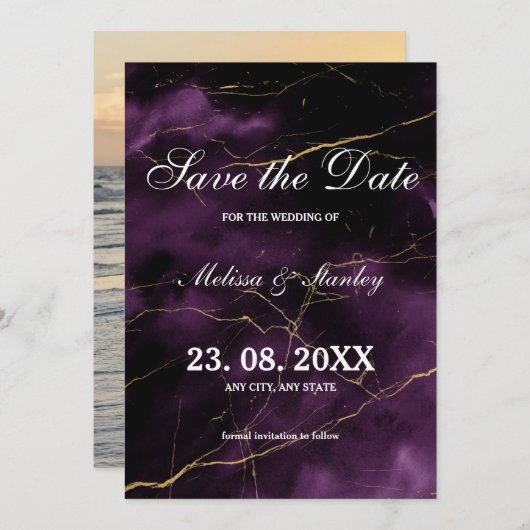 Save The Date Mariage moderne élégant simple violet or (Devant / Derrière)