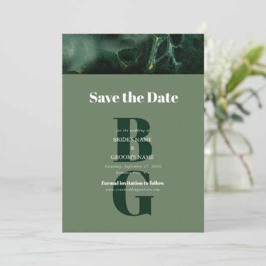 Save The Date Mariage moderne en marbre vert (Debout devant)