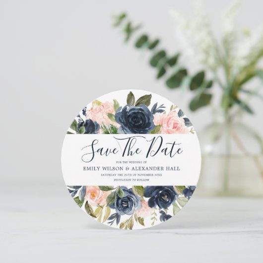 Save The Date Mariage Moderne Fleurs Aquarelles Rose & Bleu Mari (Debout devant)