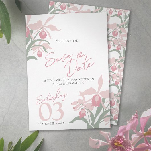 Save The Date Mariage moderne floral orchidée Cattleya rose poud