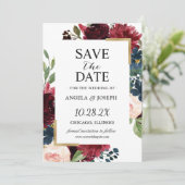 Save The Date Mariage Moderne Glamour Floral Rouge Bourgogne Ble (Debout devant)