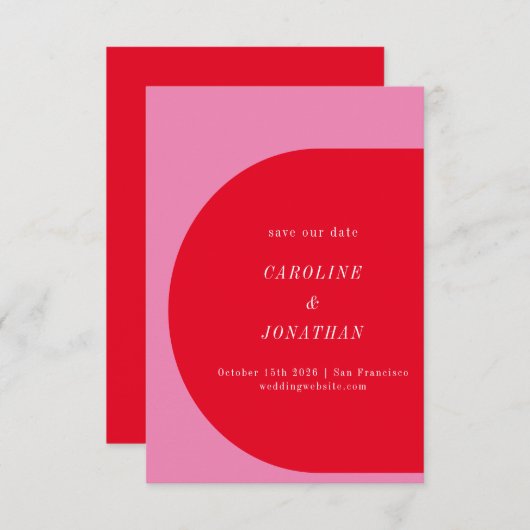 Save The Date Mariage moderne Gras Géométrique Rouge rose clair (Devant / Derrière)