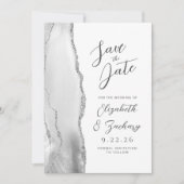 Save The Date Mariage Moderne Gris Agate Blanc Argent Script (Devant)